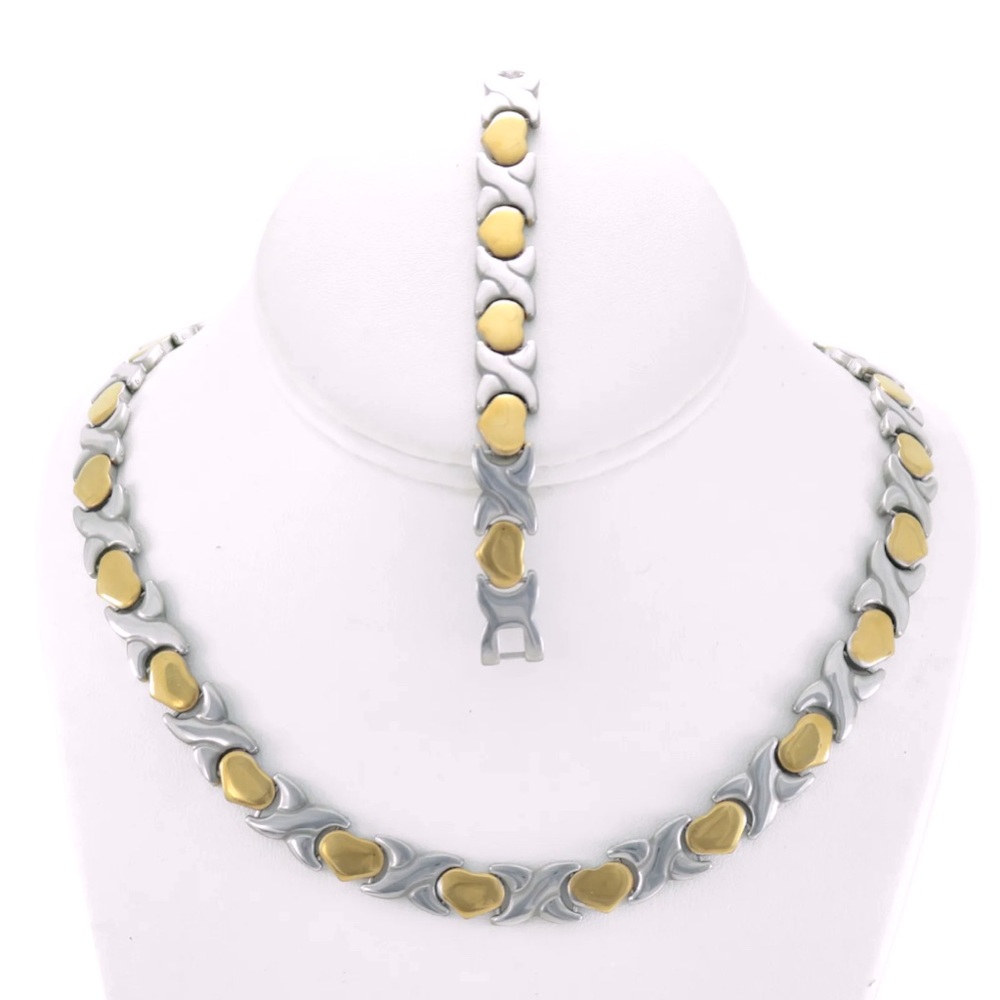 Stainless Steel Hugs & Kiss Two Tone Necklace and Bracelet Set.
